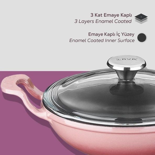 Lava Döküm Mini Wok Yekpare Kulplu Cam Kapaklı Çap(Ø)16cm.  Pembe - 5