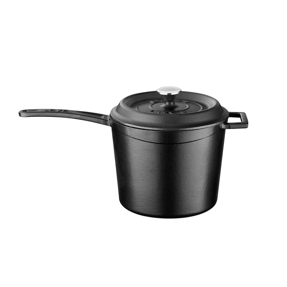 Lava Döküm Yuvarlak Sos Tenceresi. Döküm Demir Yekpare Saplı Trendy Serisi Çap(Ø18 cm.  Mat Siyah