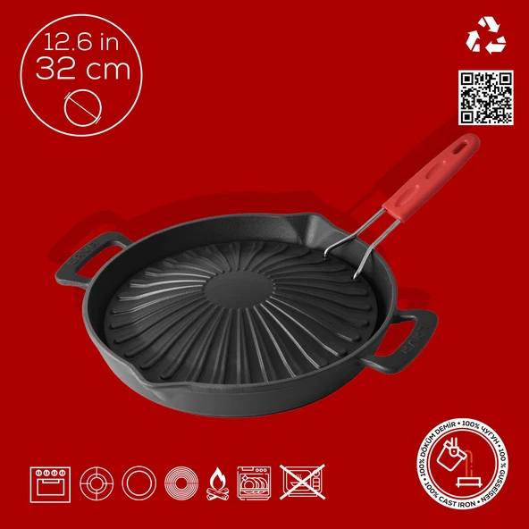 Lava Döküm Yuvarlak Grill Izgara Tavası Genghis Khan Serisi Çift Kulp ve Silikon Tel Saplı Çap(Ø)32cm. - Resim 4