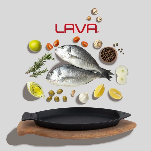 Lava Döküm Balık Tabağı Döküm Demir Yekpare Kulplu Kayın Servis Ahşabı Ölçü 15x24cm. - 6