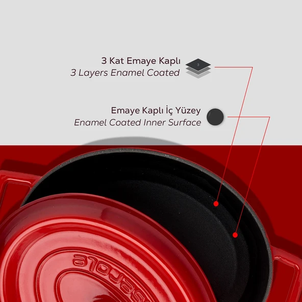 Lava Döküm Oval Tencere. Trendy Serisi Ölçü 21x25cm.  Kırmızı - Resim 6