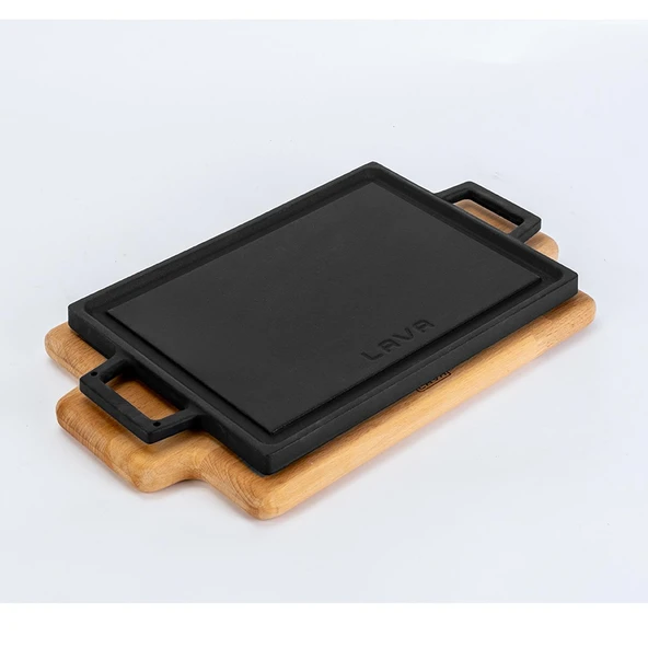 Lava Döküm Dikdörtgen Çift Yön Izgara ve Düz Yüzey Hot Plate Kayın Servis Ahşabı Ölçü 22x15cm. - 2