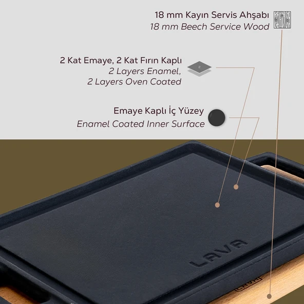 Lava Döküm Dikdörtgen Çift Yön Izgara ve Düz Yüzey Hot Plate Kayın Servis Ahşabı Ölçü 22x15cm. - 5