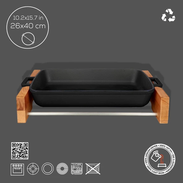 Lava Döküm Dikdörtgen Rosto ve Fırın Tepsisi Kayın Servis Ahşabı Döküm Demir Yekpare Çift Kulplu Ölçü 26x40cm. Siyah - 3