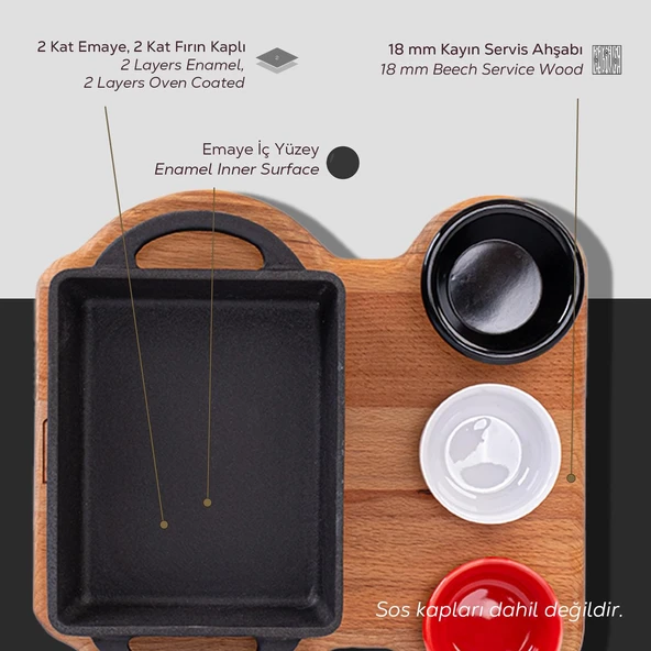 Lava Döküm Dikdörtgen Sahan Döküm Demir Yekpare Çift Kulplu Kayın Servis Ahşabı Ölçü 12x15cm. (Sos kapları dahil değildir.) - Resim 4