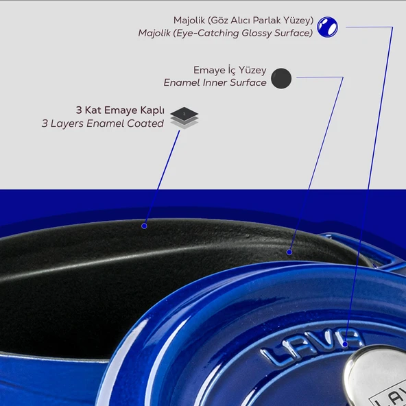 Lava Döküm Oval Tencere Döküm Demir Yekpare Kulplu Premium Serisi Ölçü 23x29cm.  Mavi - Resim 7