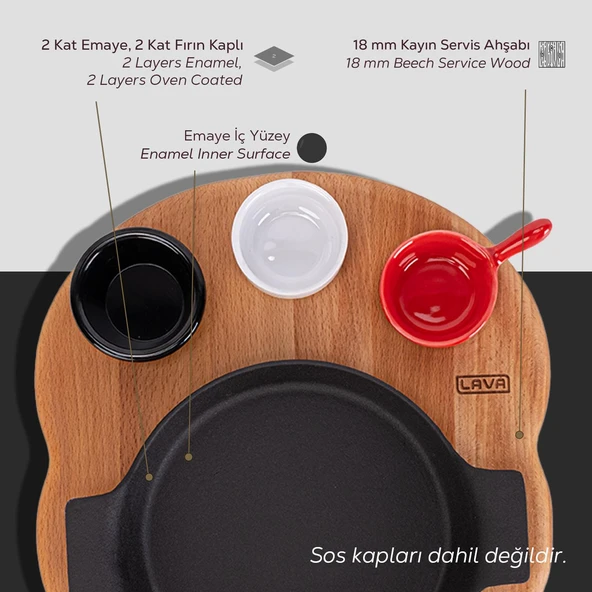 Lava Döküm Yuvarlak Sahan Döküm Demir Yekpare Çift Kulplu Kayın Servis Ahşabı. Çap(Ø)18cm. (Sos kapları dahil değildir.) - 4