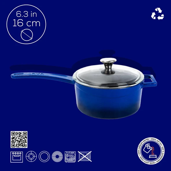 Lava Döküm Yuvarlak Sos Tenceresi Cam kapaklı, Metal Saplı. Glaze Serisi Çap(Ø16 cm.  Mavi - 4