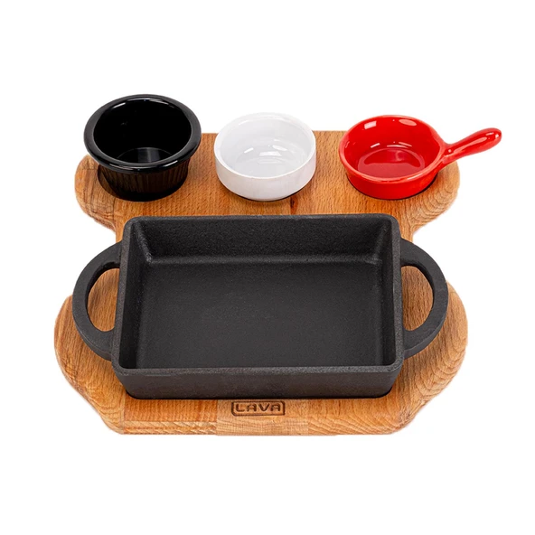 Lava Döküm Dikdörtgen Sahan Döküm Demir Yekpare Çift Kulplu Kayın Servis Ahşabı Ölçü 12x15cm. (Sos kapları dahil değildir.) ürün görseli