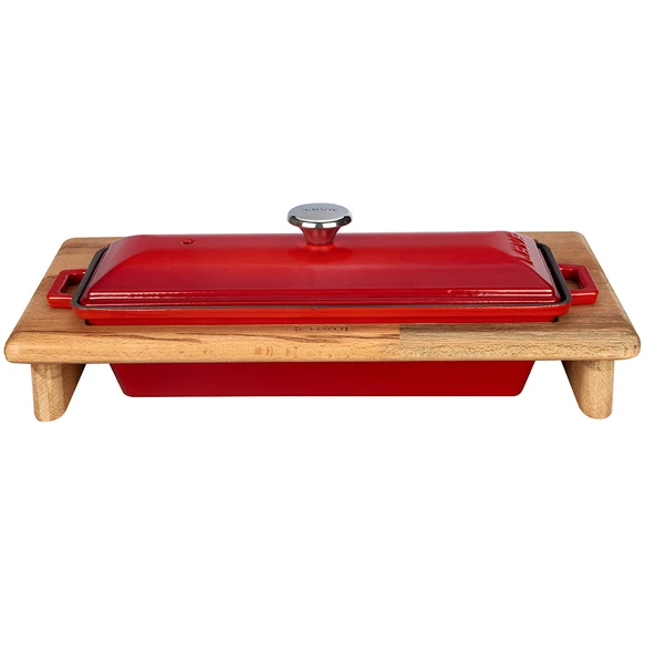 Lava Döküm Ekmek Tenceresi / Kayın Ağacı Servis Standı / Terrine Serisi. Ölçü 11x29cm.  Kırmızı ürün görseli