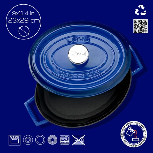 Lava Döküm Oval Tencere. Trendy Serisi Ölçü 23x29cm.  Mavi - Resim 4