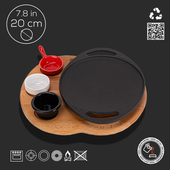 Lava Döküm Yuvarlak Saç Kavurma Tavası Döküm Demir Yekpare Çift Kulplu Kayın Servis Ahşabı Çap(Ø)20cm. (Sos kapları dahil değildir) - Resim 2