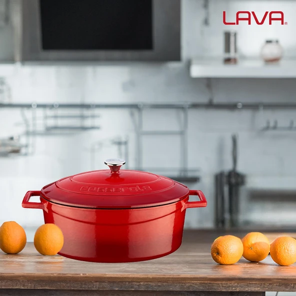 Lava Döküm Oval Tencere. Folk Serisi Ölçü 21x27cm.  Kırmızı - 7