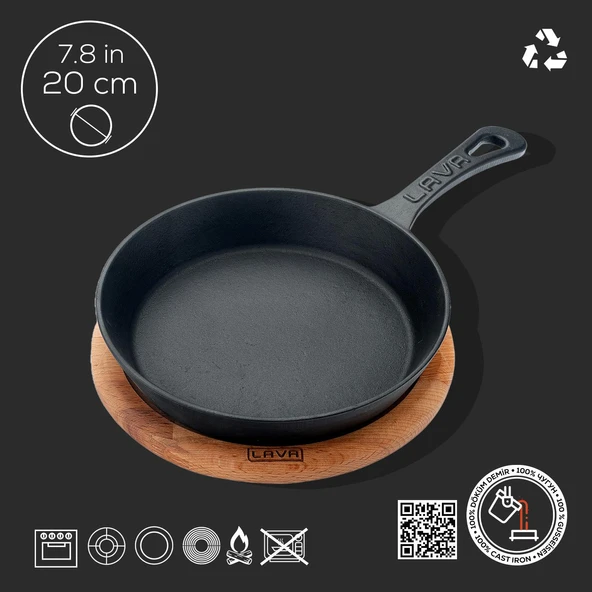 Lava Döküm Yuvarlak Kızartma Tavası Yekpare Saplı Kayın Servis Ahşabı. Çap(Ø)20cm - 4