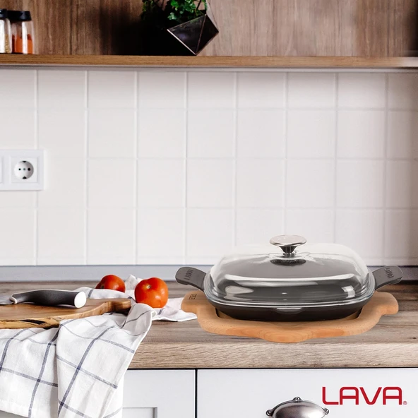 Lava Döküm Kızartma Tavası Cam Kapak Kayın Servis Ahşabı Döküm Demir Yekpare Çift Kulplu Ölçü 26x26cm. - Resim 5
