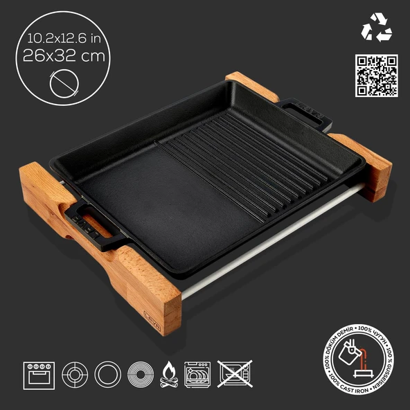 Lava Döküm Dikdörtgen Hibrit Izgara Tavası Kayın Servis Ahşabı Döküm Demir Yekpare Çift Kulplu Ölçü 26x32cm. - Resim 4