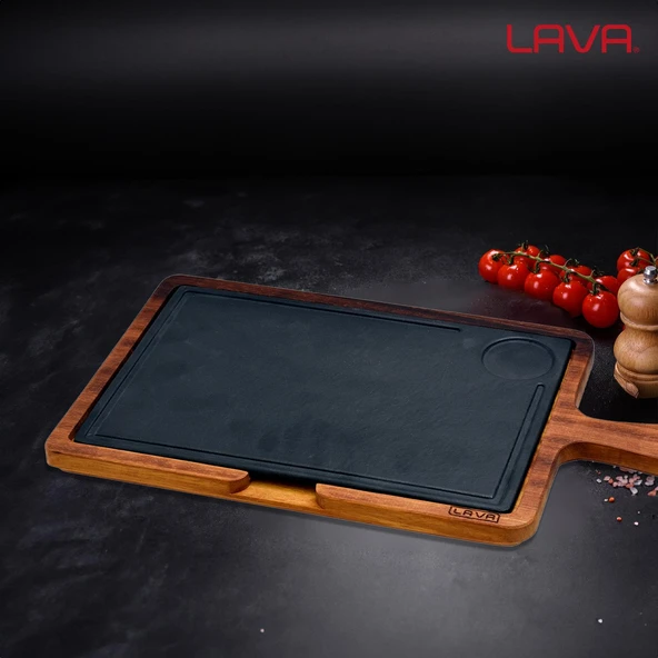 Lava Döküm Ahşap ve Döküm Demir Hot Plate Servis Tahtası. Ölçü 22x33cm. - 5