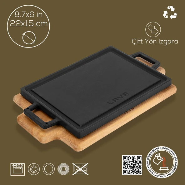 Lava Döküm Dikdörtgen Çift Yön Izgara ve Düz Yüzey Hot Plate Kayın Servis Ahşabı Ölçü 22x15cm. - 3