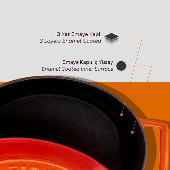 Lava Döküm Oval Tencere. Folk Serisi Ölçü 21x27cm.  Turuncu - Resim 6