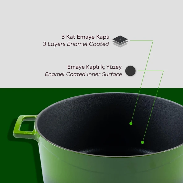 Lava Döküm Yuvarlak Tencere Cam kapaklı. Glaze Çap(Ø)28cm.  Yeşil - 6