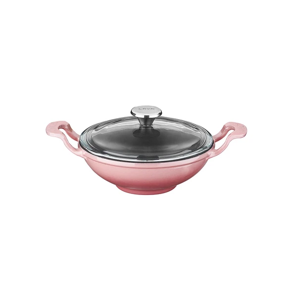 Lava Döküm Mini Wok Yekpare Kulplu Cam Kapaklı Çap(Ø)16cm.  Pembe