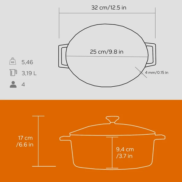 Lava Döküm Oval Tencere. Folk Serisi Ölçü 21x25cm.  Turuncu - Resim 5
