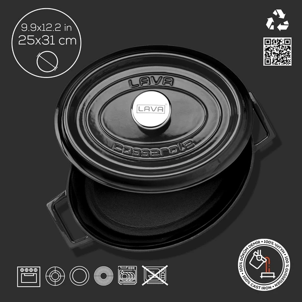 Lava Döküm Oval Tencere. Trendy Serisi Ölçü 25x31cm.  Siyah - 4