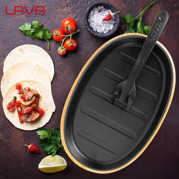 Lava Döküm Oval Fajita Tabağı Kayın Servis Ahşabı Ölçü 18x28cm. (Harici tava tutucu dahil değildir.) - Resim 5