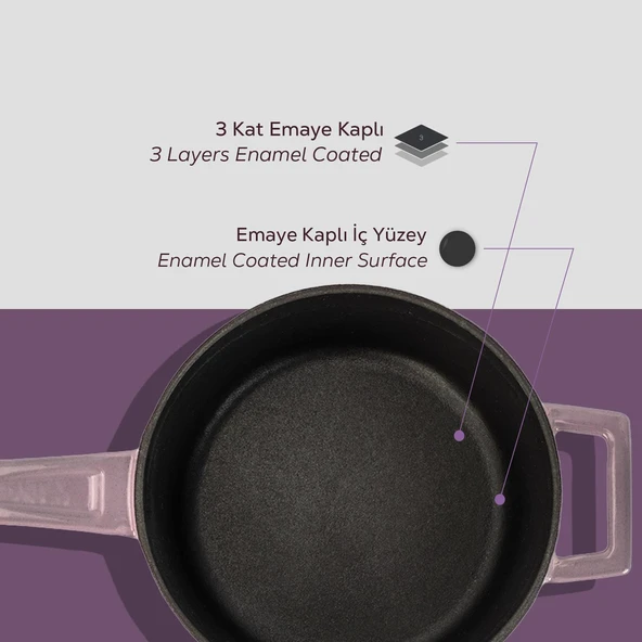 Lava Döküm Yuvarlak Sos Tenceresi Cam kapaklı, Metal Saplı. Glaze Serisi Çap(Ø16 cm.  Mor - 6