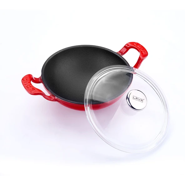 Lava Döküm Mini Wok Yekpare Kulplu Cam Kapaklı Çap(Ø)16cm.  Kırmızı - 2