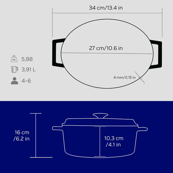 Lava Döküm Oval Tencere. Trendy Serisi Ölçü 21x27cm.  Mavi - Resim 5