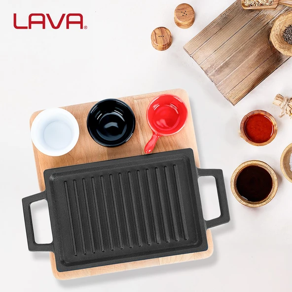 Lava Döküm Dikdörtgen Çift Yön Izgara ve Düz Yüzey Hot Plate Kayın Servis Ahşabı Ölçü 22x15cm. (Sos kapları dahil değildir.) - 6