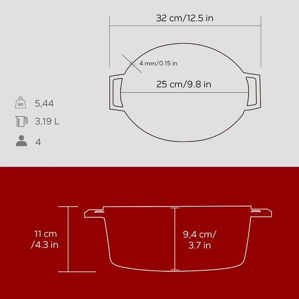 Lava Döküm Oval Tencere. Trendy Serisi Ölçü 21x25cm.  Kırmızı - Resim 5