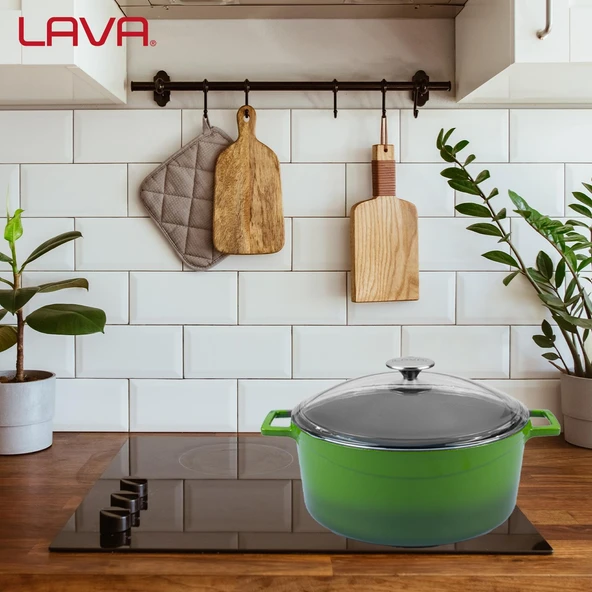 Lava Döküm Yuvarlak Tencere Cam kapaklı. Glaze Çap(Ø)28cm.  Yeşil - 7