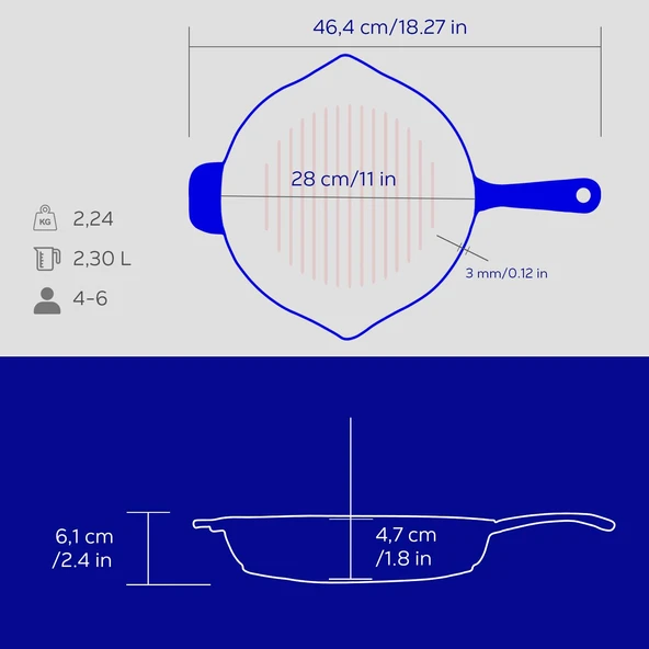Lava Döküm Yuvarlak Izgara Tavası Döküm Demir Yekpare Saplı Edition Serisi Çap(Ø)28cm. Mavi - 5