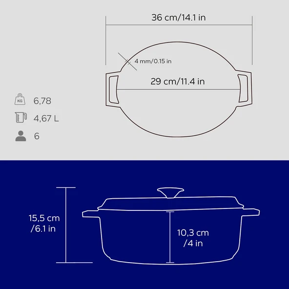 Lava Döküm Oval Tencere. Trendy Serisi Ölçü 23x29cm.  Mavi - Resim 5