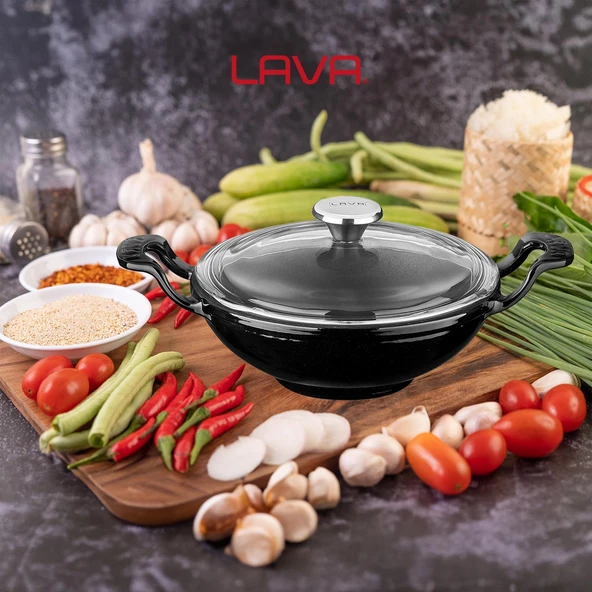 Lava Döküm Mini Wok Yekpare Kulplu Cam Kapaklı Çap(Ø)16cm.  Siyah - 6