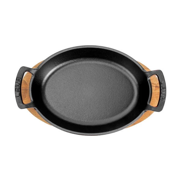 Lava Döküm Oval Sahan Döküm Demir Yekpare Çift Kulplu Kayın Servis Ahşabı Ölçü 27x20cm.  Kırmızı - Resim 3