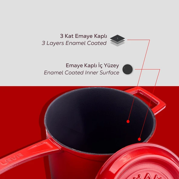 Lava Döküm Yuvarlak Sos Tenceresi. Döküm Demir Yekpare Saplı Trendy Serisi Çap(Ø18 cm.  Kırmızı - Resim 5