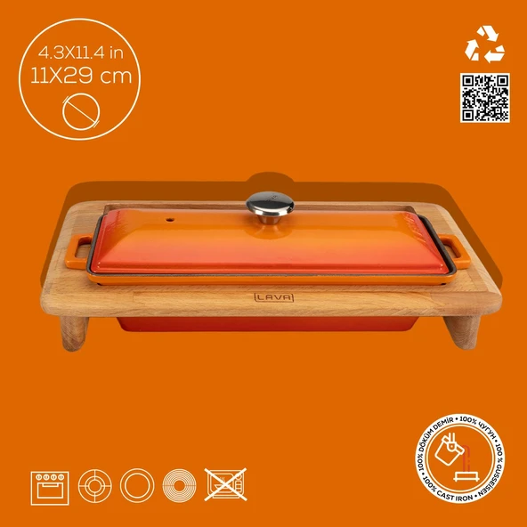 Lava Döküm Ekmek Tenceresi / Kayın Ağacı Servis Standı / Terrine Serisi. Ölçü 11x29cm.  Turuncu - 4