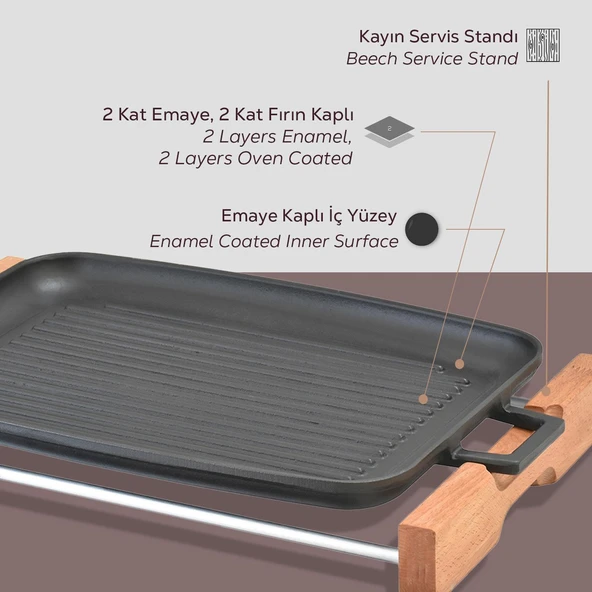 Lava Döküm Dikdörtgen Izgara Tepsi Kayın Servis Ahşabı Döküm Demir Yekpare Çift Kulplu Ölçü 31x42cm. - 6