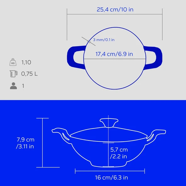 Lava Döküm Mini Wok Yekpare Kulplu Cam Kapaklı Edition Serisi Çap(Ø)16cm.  Mavi - Resim 6