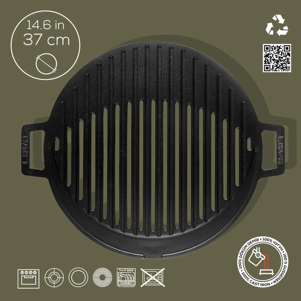 Lava Döküm Yuvarlak Mangal Izgarası Döküm Demir Yekpare Çift Kulplu Çap (Ø)37cm. - 4