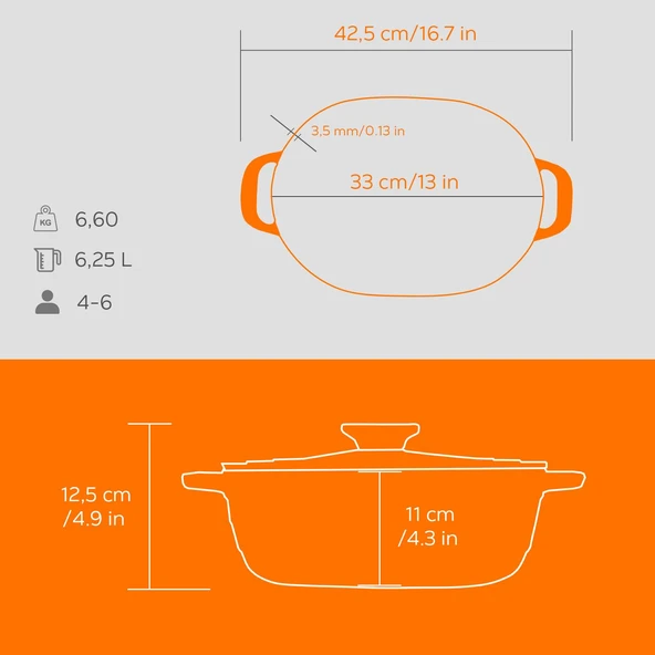Lava Döküm Oval Tencere Döküm Demir Kapak Experience Serisi Ölçü 24x33cm.  Turuncu - Resim 5