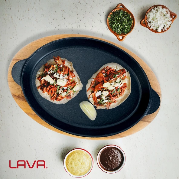 Lava Döküm Oval Fajita Tabağı Döküm Demir Yekpare Çift Kulplu Kayın Servis Ahşabı Ölçü 18x24cm. - Resim 5
