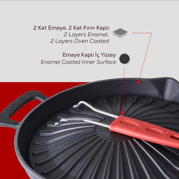 Lava Döküm Yuvarlak Grill Izgara Tavası Genghis Khan Serisi Çift Kulp ve Silikon Tel Saplı Çap(Ø)32cm. - Resim 6
