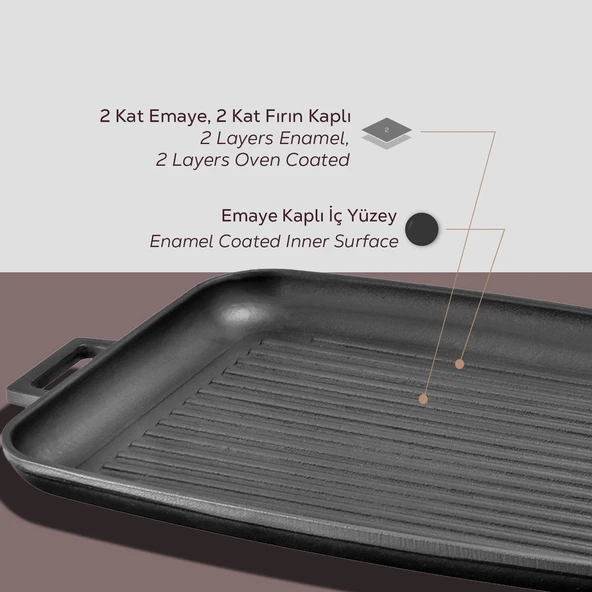 Lava Döküm Dikdörtgen Izgara Tepsi Döküm Demir Yekpare Çift Kulplu Ölçü 31x42cm. - 6
