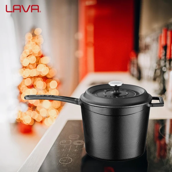 Lava Döküm Yuvarlak Sos Tenceresi. Döküm Demir Yekpare Saplı Trendy Serisi Çap(Ø18 cm.  Mat Siyah - 6
