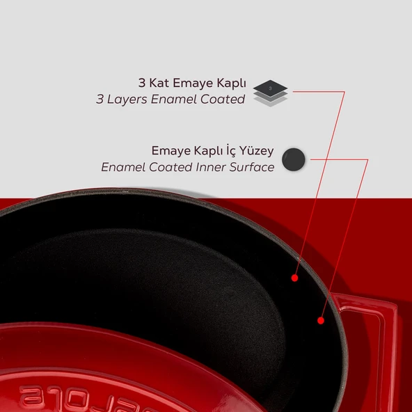 Lava Döküm Oval Tencere. Folk Serisi Ölçü 21x27cm. Kırmızı - 6
