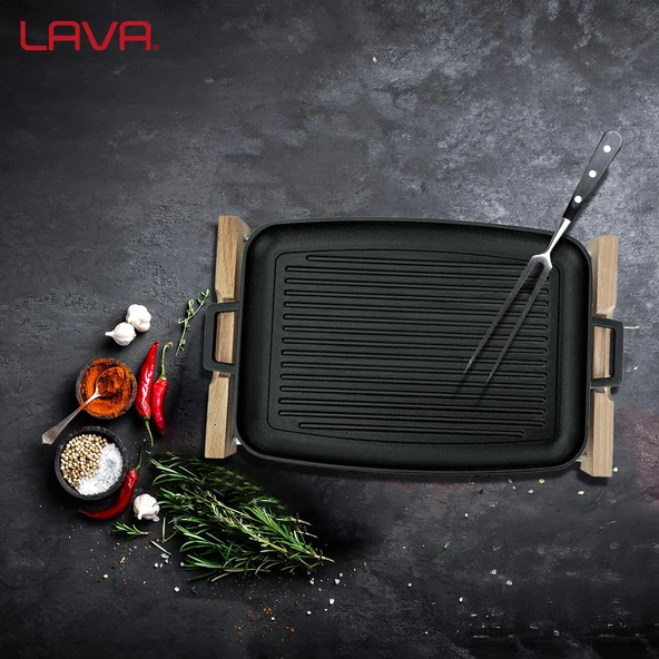 Lava Döküm Dikdörtgen Izgara Tepsi Kayın Servis Ahşabı Döküm Demir Yekpare Çift Kulplu Ölçü 31x42cm. - 7